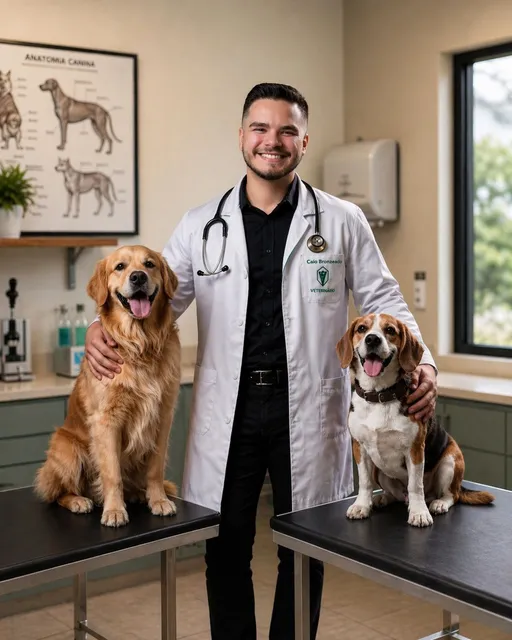 Dr. Caio Bronzeado com dois cachorros no consultório